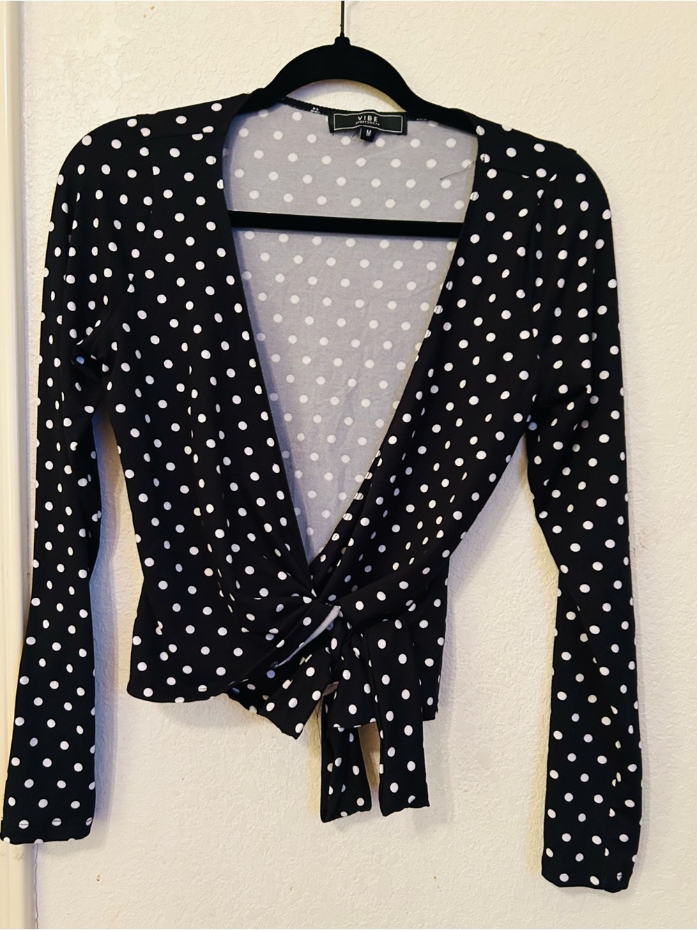 VIBE Black & White Polka Dot Tie-Front Long Sleeve wrapTop